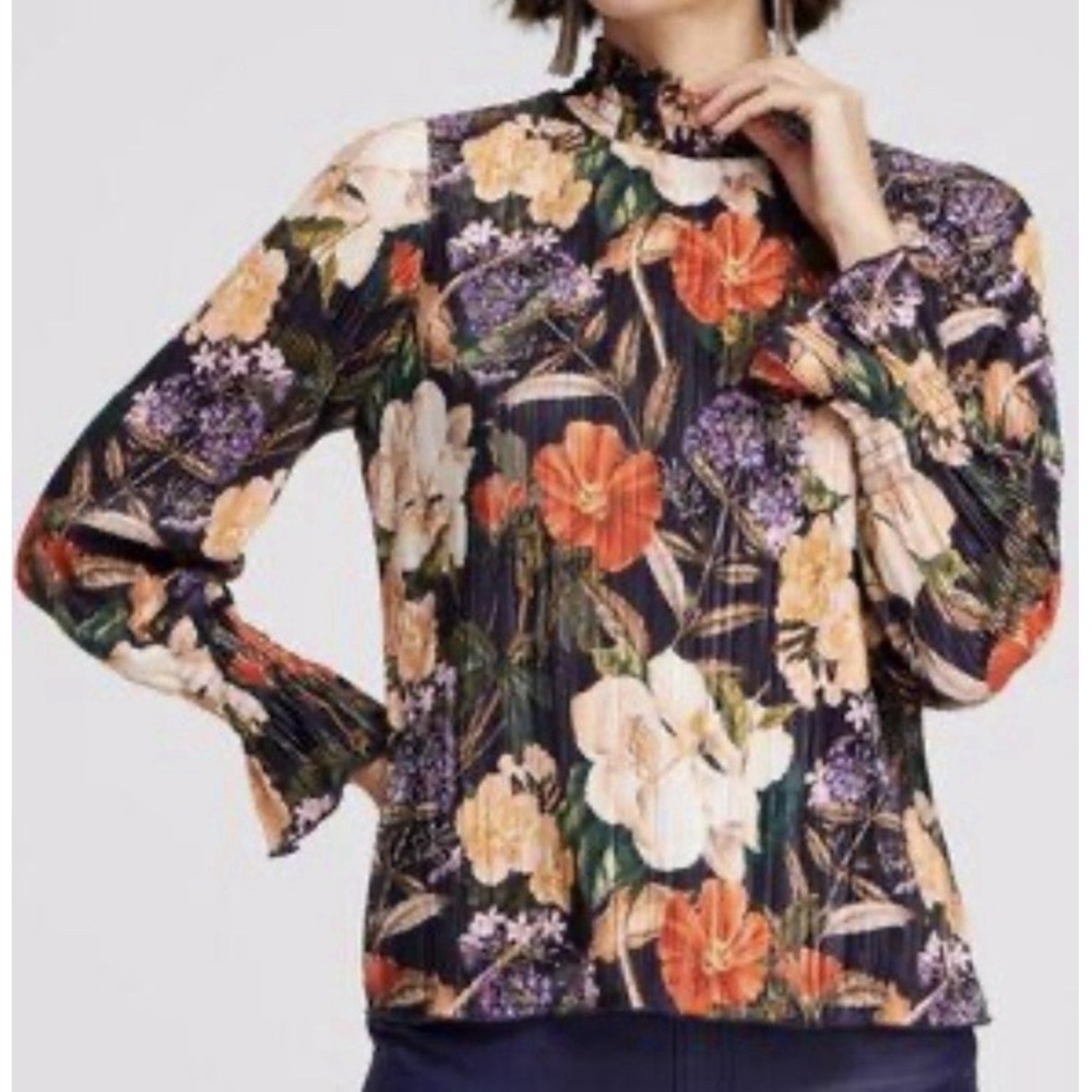 Chico's Womens 4 XXL Dark Purple Floral Pleated Blouse Long Sleeve Mock Neck Top